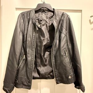 Women's Black Faux Leather Collarless Moto Jacket